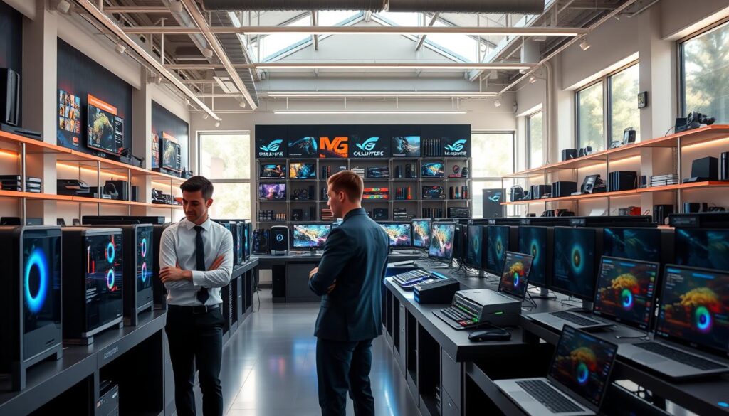 A modern computer store in 2026, showcasing a sleek and organized interior with rows of high-tech desktops and laptops on display. In the foreground, a salesperson in professional attire assists a customer, who is exploring the latest gaming PCs. The middle layer features an interactive demo station with vibrant screens displaying gaming graphics, while a modern LED lighting setup highlights the products. In the background, shelves stocked with computer accessories and peripherals create a dynamic retail environment. Natural light streams in through large windows, adding warmth to the atmosphere. The overall mood is energetic and engaging, reflecting a thriving technology hub at the forefront of innovation.