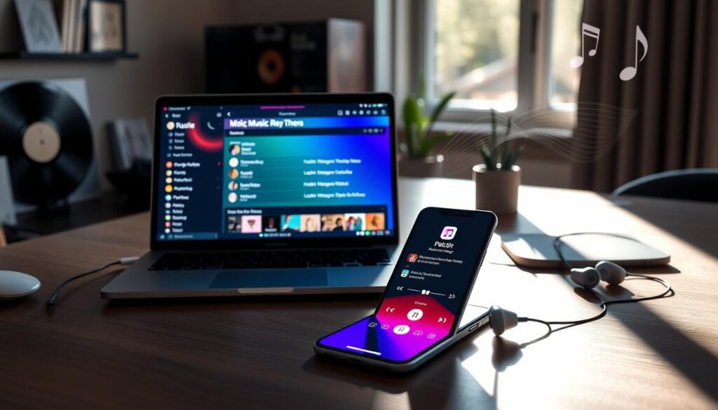 A modern digital workspace featuring a sleek laptop open to a vibrant alternative music management software interface. In the foreground, a close-up of a smartphone displaying a colorful playlist. The middle ground showcases a stylish desk decorated with music-themed items like vinyl records and earbuds, with natural light streaming in through a nearby window, creating an inviting atmosphere. Soft shadows play across the scene, emphasizing a calm and productive mood. The background includes subtle hints of technology, such as abstract soundwaves or musical notes blending into the air, suggesting creativity and innovation. This image captures the essence of alternatives to iTunes, focusing on efficient music management for iPhone users. A modern digital workspace featuring a sleek laptop open to a vibrant alternative music management software interface. In the foreground, a close-up of a smartphone displaying a colorful playlist. The middle ground showcases a stylish desk decorated with music-themed items like vinyl records and earbuds, with natural light streaming in through a nearby window, creating an inviting atmosphere. Soft shadows play across the scene, emphasizing a calm and productive mood. The background includes subtle hints of technology, such as abstract soundwaves or musical notes blending into the air, suggesting creativity and innovation. This image captures the essence of alternatives to iTunes, focusing on efficient music management for iPhone users.