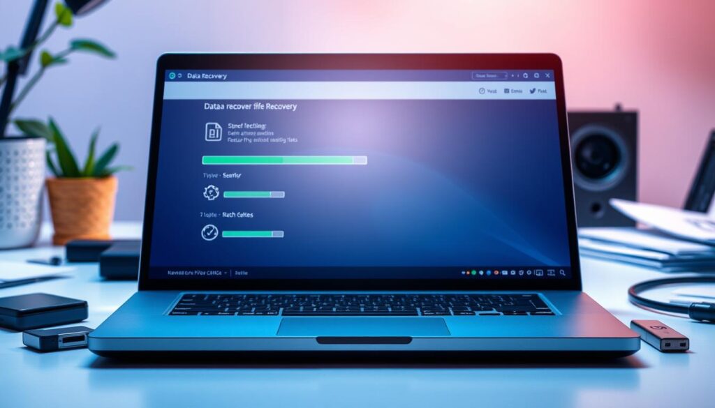 A modern digital workspace illustrating the process of data recovery on a computer. In the foreground, a sleek laptop displaying a user interface of a file recovery software, with visible progress bars showing scanning and restoring actions. Surrounding the laptop are various tech gadgets like an external hard drive and USB stick. In the middle, a soft-focusing light emanates from the laptop screen, illuminating the scene with a calm blue and white hue. The background features a clean desk environment with hints of plants and scattered papers, creating a professional yet inviting atmosphere. The overall mood is optimistic and resourceful, representing the hope of recovering lost files. The image is well-lit with an emphasis on clarity and detail, captured at a slight angle to add depth. A modern digital workspace illustrating the process of data recovery on a computer. In the foreground, a sleek laptop displaying a user interface of a file recovery software, with visible progress bars showing scanning and restoring actions. Surrounding the laptop are various tech gadgets like an external hard drive and USB stick. In the middle, a soft-focusing light emanates from the laptop screen, illuminating the scene with a calm blue and white hue. The background features a clean desk environment with hints of plants and scattered papers, creating a professional yet inviting atmosphere. The overall mood is optimistic and resourceful, representing the hope of recovering lost files. The image is well-lit with an emphasis on clarity and detail, captured at a slight angle to add depth.