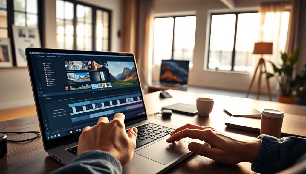 A modern digital workspace showcasing a video editing software interface on a sleek laptop screen, prominently featuring the timeline area where slow-motion clips are being adjusted. In the foreground, a pair of hands skillfully navigating the touchpad, surrounded by tech gadgets and coffee. Midground contains colorful charts and visual effects thumbnails for enhancing video, while the background is a bright, airy room with large windows letting in natural light, reflecting a productive atmosphere. Soft shadows and a warm glow from a desk lamp create a professional yet cozy mood, emphasizing creativity and focus in video editing. The overall composition should evoke a sense of innovation and efficiency in editing slow-motion video clips. A modern digital workspace showcasing a video editing software interface on a sleek laptop screen, prominently featuring the timeline area where slow-motion clips are being adjusted. In the foreground, a pair of hands skillfully navigating the touchpad, surrounded by tech gadgets and coffee. Midground contains colorful charts and visual effects thumbnails for enhancing video, while the background is a bright, airy room with large windows letting in natural light, reflecting a productive atmosphere. Soft shadows and a warm glow from a desk lamp create a professional yet cozy mood, emphasizing creativity and focus in video editing. The overall composition should evoke a sense of innovation and efficiency in editing slow-motion video clips.