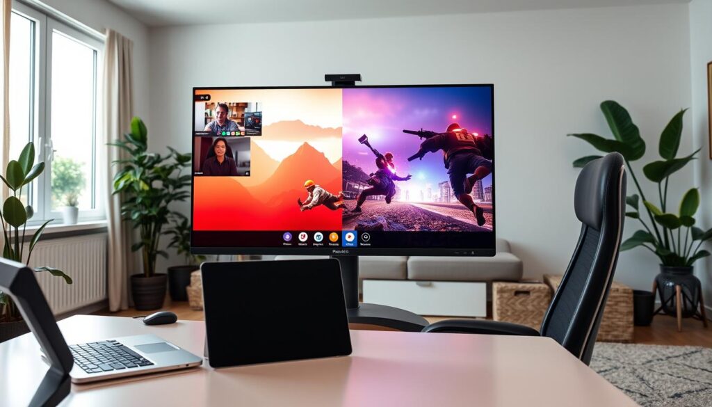 A modern home office scene featuring a large flat-screen TV used as a computer monitor, showcasing vibrant colors and crisp images. In the foreground, a sleek desk with a laptop and a wireless keyboard sits beside the TV, with a cozy ergonomic chair. In the middle ground, the TV displays a split-screen view of a video conference on one side and an immersive game scene on the other, highlighting versatility. The background reveals a well-lit room with soft natural light coming through large windows, indoor plants for a refreshing touch, and a minimalistic decor style. The atmosphere is productive and inviting, emphasizing comfort and functionality while showcasing the benefits of using a TV as a monitor. The camera angle is slightly above eye level, creating an engaging perspective. A modern home office scene featuring a large flat-screen TV used as a computer monitor, showcasing vibrant colors and crisp images. In the foreground, a sleek desk with a laptop and a wireless keyboard sits beside the TV, with a cozy ergonomic chair. In the middle ground, the TV displays a split-screen view of a video conference on one side and an immersive game scene on the other, highlighting versatility. The background reveals a well-lit room with soft natural light coming through large windows, indoor plants for a refreshing touch, and a minimalistic decor style. The atmosphere is productive and inviting, emphasizing comfort and functionality while showcasing the benefits of using a TV as a monitor. The camera angle is slightly above eye level, creating an engaging perspective.