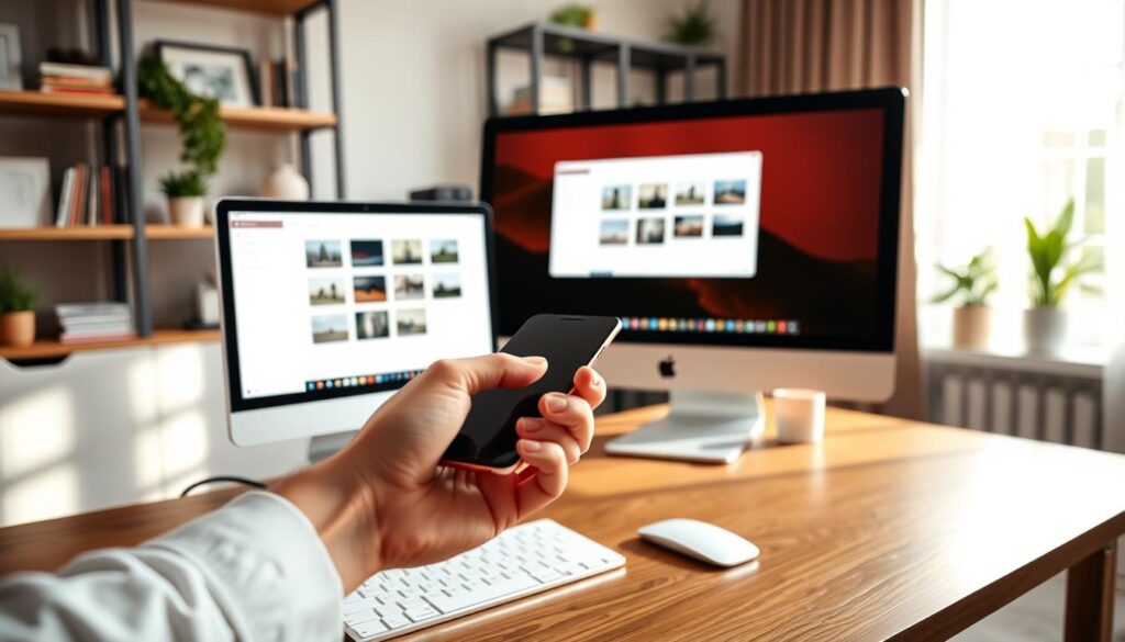A modern home office setting showcasing a sleek desktop computer and a smartphone placed on a stylish wooden desk. In the foreground, a hand gently holding the smartphone is poised to transfer photos, with a soft glow from the screen illuminating the scene. In the middle, a clear view of an open file transfer window on the computer screen displays photo thumbnails, emphasizing the process of copying images. The background features a warm, inviting atmosphere with soft-focus shelves filled with books and plants. Natural light streams in through a window, enhancing the ambiance and highlighting the workspace's organized elegance. The mood is focused and productive, perfect for illustrating a tech-savvy guide. A modern home office setting showcasing a sleek desktop computer and a smartphone placed on a stylish wooden desk. In the foreground, a hand gently holding the smartphone is poised to transfer photos, with a soft glow from the screen illuminating the scene. In the middle, a clear view of an open file transfer window on the computer screen displays photo thumbnails, emphasizing the process of copying images. The background features a warm, inviting atmosphere with soft-focus shelves filled with books and plants. Natural light streams in through a window, enhancing the ambiance and highlighting the workspace's organized elegance. The mood is focused and productive, perfect for illustrating a tech-savvy guide.