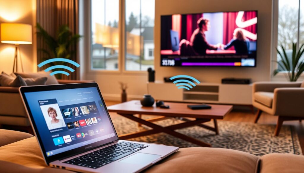 A modern laptop and a sleek flat-screen television connected wirelessly in a cozy living room setting. In the foreground, the laptop displays a streaming service interface, with a soft glow on its screen, while the TV shows a vibrant movie scene. The middle ground features a stylish coffee table with remote controls and a few tech accessories. The room is warmly lit with ambient lighting, creating a comfortable and inviting atmosphere. Large windows in the background allow natural light to filter in, highlighting mid-century modern furniture. The camera angle is slightly elevated, focusing on the technology interaction while conveying a sense of ease and accessibility in wireless connectivity. The overall mood is relaxed and tech-savvy, emphasizing seamless integration.