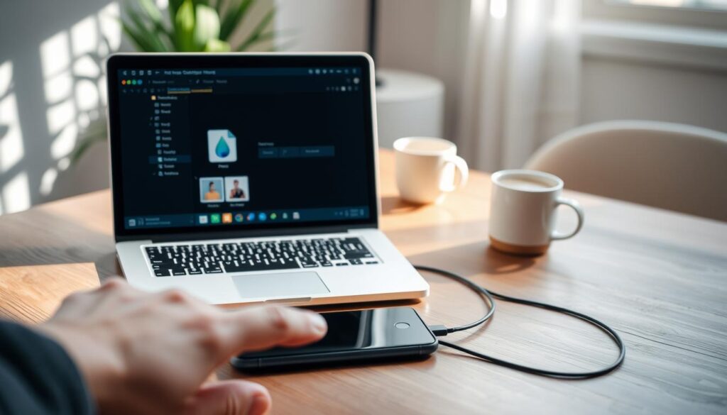 A modern laptop on a wooden desk, open and displaying file transfer software. An iPhone with a charging cable connected, resting next to the laptop. In the foreground, a hand reaching towards the laptop, ready to click. The background features a cozy indoor setting with soft lighting from a nearby window, casting gentle shadows. A plant and a coffee mug on the desk add to the inviting atmosphere. Use a shallow depth of field to keep the focus on the iPhone and laptop interaction. The image should convey a sense of ease and efficiency, reflecting the theme of wire-based photo transfer methods. The overall mood is warm and tech-savvy, emphasizing user-friendliness. A modern laptop on a wooden desk, open and displaying file transfer software. An iPhone with a charging cable connected, resting next to the laptop. In the foreground, a hand reaching towards the laptop, ready to click. The background features a cozy indoor setting with soft lighting from a nearby window, casting gentle shadows. A plant and a coffee mug on the desk add to the inviting atmosphere. Use a shallow depth of field to keep the focus on the iPhone and laptop interaction. The image should convey a sense of ease and efficiency, reflecting the theme of wire-based photo transfer methods. The overall mood is warm and tech-savvy, emphasizing user-friendliness.