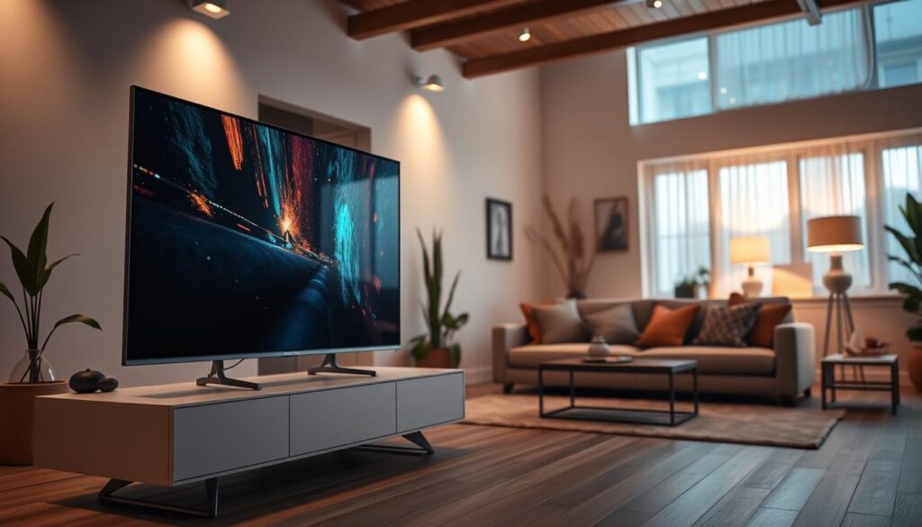 A modern living room featuring a 65-inch television prominently displayed. In the foreground, a sleek, minimalist stand with the television set at eye level, displaying a vibrant scene. In the middle ground, a cozy couch adorned with cushions, positioned at an optimal viewing distance from the TV, surrounded by tasteful decor such as plants and art pieces. The background includes soft ambient lighting, with warm hues from floor lamps creating an inviting atmosphere. A large window lets in natural light, illuminating the space. The scene conveys a sense of comfort and sophistication, ideal for a relaxing viewing experience. The angle of the image is slightly elevated, capturing the entire setup while ensuring no people are present in the scene.