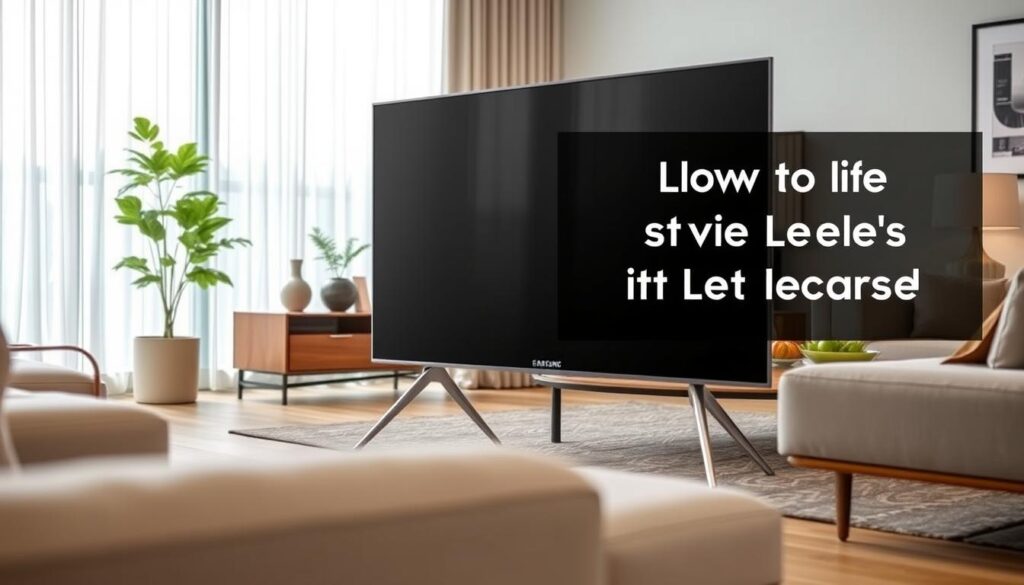 A modern living room featuring a Samsung TV set on stylish yet sturdy legs. In the foreground, focus on the TV, showcasing its sleek design and clean lines. The TV is slightly angled for optimal viewing. In the middle ground, a stylish wooden media console complements the TV, adorned with decorative items such as plants and books. In the background, soft lighting emanates from a large window with sheer curtains, creating a warm and inviting atmosphere. The room is furnished with chic furniture, including a comfortable sofa and a contemporary coffee table, all arranged harmoniously. The overall mood is professional and calm, perfect for guiding viewers on proper TV leg installation. The angle should capture the elegance of the space and highlight the TV's functionality.