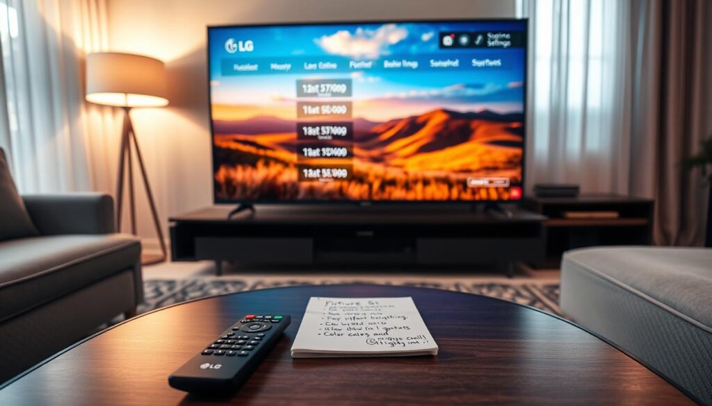 A modern living room featuring a large LG television displaying vibrant image settings. In the foreground, a remote control lies on a stylish coffee table alongside a notepad with notes on picture settings. The middle ground includes the TV showcasing a vivid landscape scene with optimal brightness and color balance, representing the best visual settings for different lighting conditions. The background has soft curtains filtering natural light, while a floor lamp emits warm light, creating a cozy atmosphere. The scene is well-lit, evoking a sense of comfort and clarity, emphasizing the importance of adjusting image settings for varying environments. The angle is slightly elevated, capturing the essence of an ideal home viewing experience, with no text or distractions. A modern living room featuring a large LG television displaying vibrant image settings. In the foreground, a remote control lies on a stylish coffee table alongside a notepad with notes on picture settings. The middle ground includes the TV showcasing a vivid landscape scene with optimal brightness and color balance, representing the best visual settings for different lighting conditions. The background has soft curtains filtering natural light, while a floor lamp emits warm light, creating a cozy atmosphere. The scene is well-lit, evoking a sense of comfort and clarity, emphasizing the importance of adjusting image settings for varying environments. The angle is slightly elevated, capturing the essence of an ideal home viewing experience, with no text or distractions.