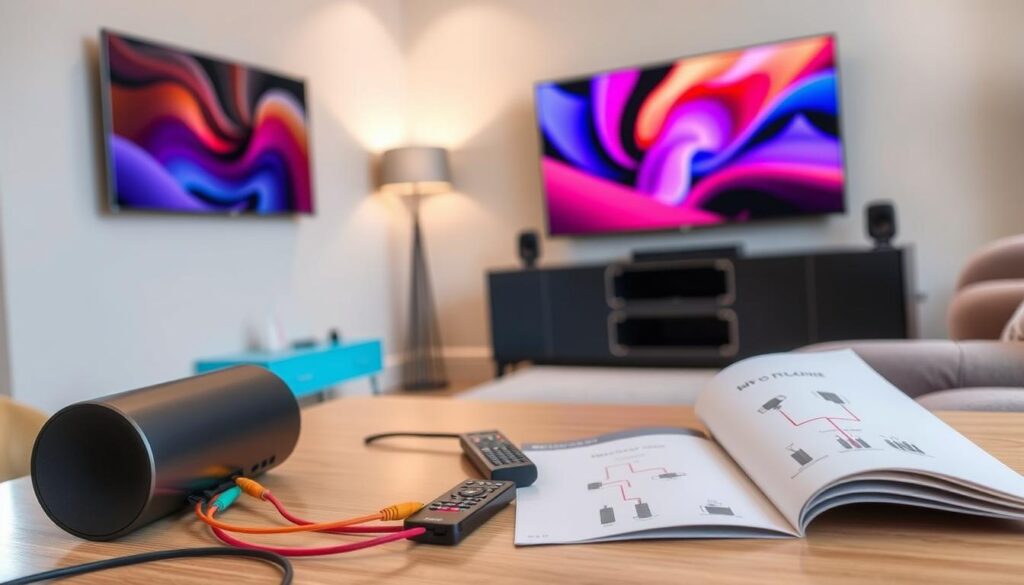 A modern living room featuring a sleek LG television mounted on the wall, with vibrant visuals on the screen. In the foreground, there’s a table with two stylish external speakers connected by colorful cables, showcasing different connection types like HDMI, optical, and RCA. The middle ground includes a remote control laid next to the speakers and an open manual displaying connection diagrams. The background reveals neutral-colored walls and a cozy sofa, creating a warm atmosphere. Soft, natural light filters through a window, enhancing the clarity of the scene. The angle is slightly elevated, providing a comprehensive view of the setup while ensuring focus on the connection process. The overall mood is informative and inviting, emphasizing a modern home entertainment experience. A modern living room featuring a sleek LG television mounted on the wall, with vibrant visuals on the screen. In the foreground, there’s a table with two stylish external speakers connected by colorful cables, showcasing different connection types like HDMI, optical, and RCA. The middle ground includes a remote control laid next to the speakers and an open manual displaying connection diagrams. The background reveals neutral-colored walls and a cozy sofa, creating a warm atmosphere. Soft, natural light filters through a window, enhancing the clarity of the scene. The angle is slightly elevated, providing a comprehensive view of the setup while ensuring focus on the connection process. The overall mood is informative and inviting, emphasizing a modern home entertainment experience.