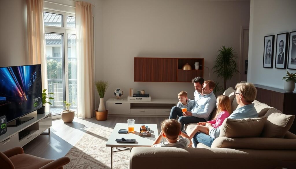 A modern living room featuring a sleek Samsung television displaying a vivid DVB-T2 broadcast, with clear symbols indicating signal strength and HD quality. In the foreground, a family of four – a diverse group of adults and children – sits comfortably on a cozy sofa, engaged in setting up their television. The adults are dressed in smart-casual clothing, while the children wear cheerful outfits. The middle ground showcases a stylish coffee table with remote controls and snacks, while decor elements like houseplants and wall art create a warm atmosphere. Sunlight streams through the large window, illuminating the room with a bright, inviting ambiance. The overall mood is one of excitement and curiosity about the new technology. A modern living room featuring a sleek Samsung television displaying a vivid DVB-T2 broadcast, with clear symbols indicating signal strength and HD quality. In the foreground, a family of four – a diverse group of adults and children – sits comfortably on a cozy sofa, engaged in setting up their television. The adults are dressed in smart-casual clothing, while the children wear cheerful outfits. The middle ground showcases a stylish coffee table with remote controls and snacks, while decor elements like houseplants and wall art create a warm atmosphere. Sunlight streams through the large window, illuminating the room with a bright, inviting ambiance. The overall mood is one of excitement and curiosity about the new technology.