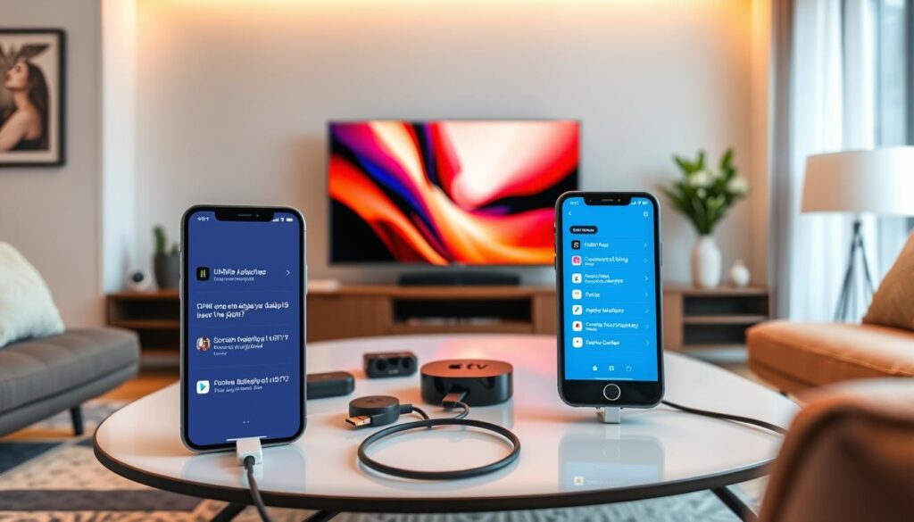 A modern living room featuring an iPhone connected to a TV using various alternative methods. In the foreground, showcase the iPhone displaying a user-friendly interface, prominently featuring options like HDMI adapters, screen mirroring, and streaming devices. In the middle, a flat-screen television shows vibrant colors, projecting content from the iPhone. Include sleek gadgets like an Apple TV, Chromecast, and HDMI cables scattered on a stylish coffee table. The background should display a cozy environment with warm lighting, soft textures, and contemporary décor. Capture the scene from a slightly elevated angle to provide depth, creating an inviting atmosphere that conveys connectivity and innovation, while ensuring all elements are clearly visible and aesthetically pleasing.