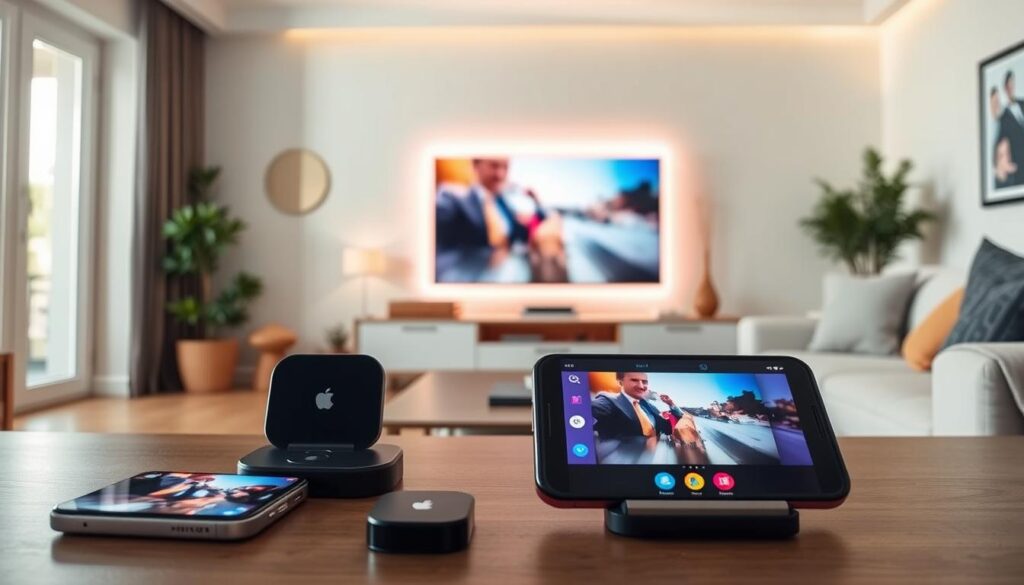 A modern living room interior showcases various alternative methods for transferring images wirelessly from a smartphone to a television. In the foreground, a sleek smartphone displays a vibrant image, while an innovative casting device rests beside it. In the middle ground, a stylish flat-screen TV illustrates a duplicated smartphone screen, surrounded by ambient smart lighting that casts a warm glow. The background features a comfortable sofa and modern decor elements, enhancing the cozy atmosphere. Soft natural light streams in from a nearby window, creating a welcoming mood. The angle is slightly tilted downwards from above, providing a clear view of the technology and its interaction in a home setting. A modern living room interior showcases various alternative methods for transferring images wirelessly from a smartphone to a television. In the foreground, a sleek smartphone displays a vibrant image, while an innovative casting device rests beside it. In the middle ground, a stylish flat-screen TV illustrates a duplicated smartphone screen, surrounded by ambient smart lighting that casts a warm glow. The background features a comfortable sofa and modern decor elements, enhancing the cozy atmosphere. Soft natural light streams in from a nearby window, creating a welcoming mood. The angle is slightly tilted downwards from above, providing a clear view of the technology and its interaction in a home setting.