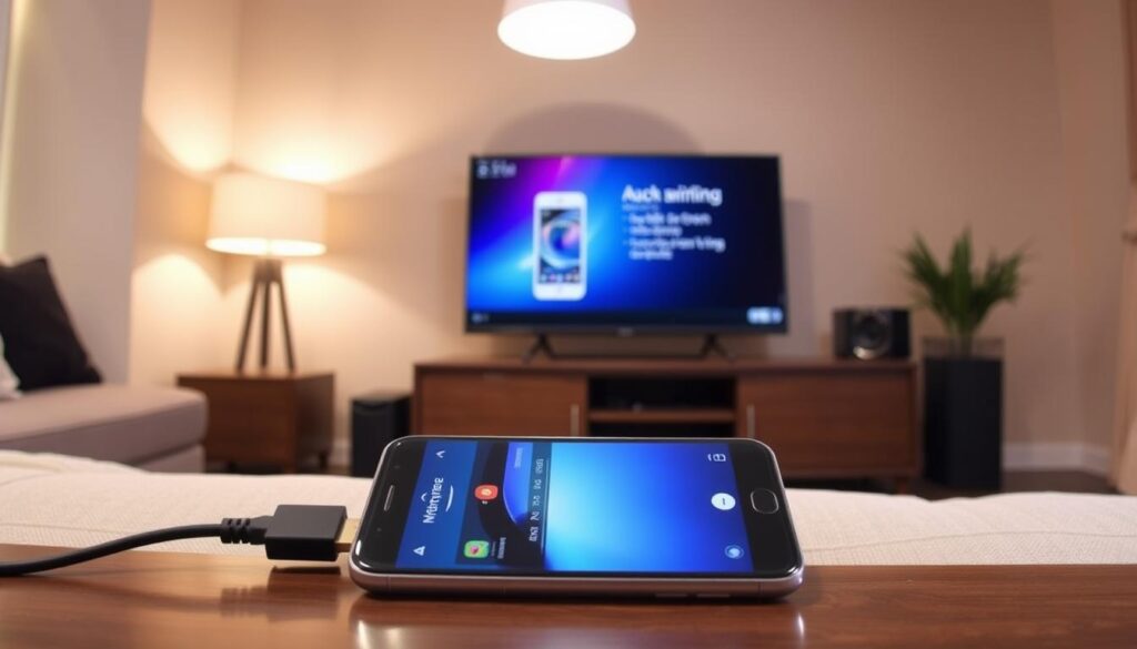 A modern living room scene depicting various methods to connect a smartphone to a standard television without a Smart TV. In the foreground, a sleek smartphone connected to a TV using an HDMI adapter and a USB cable, with clear labels on the cables. In the middle, a traditional television displaying a mobile screen mirroring interface, positioned on a stylish media console. The background shows a cozy room setting with soft lighting, warm colors, and a comfortable sofa, evoking a relaxed atmosphere. A subtle overhead light enhances the focus on the devices. The angle should be slightly elevated, capturing the connection setup clearly while emphasizing the practical use of technology in everyday life. The image should have no text or logos.