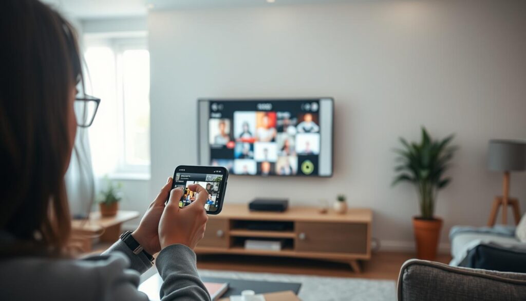 A modern living room scene, featuring a sleek television displaying a mirrored smartphone screen. In the foreground, a person in casual, professional clothing is using a smartphone, focusing intently on it. In the middle ground, the television shows a vibrant image, possibly a video or photo gallery, reflecting user-friendly streaming technology. Soft, ambient lighting fills the room, with natural sunlight streaming through a window, creating a warm and inviting atmosphere. The background includes minimalist furniture and decor, emphasizing a contemporary lifestyle. The composition should have a slight overhead angle, showcasing the connection between the phone and the TV, highlighting the ease of wireless projection. The overall mood is relaxed and tech-savvy, encouraging seamless digital integration in everyday life. A modern living room scene, featuring a sleek television displaying a mirrored smartphone screen. In the foreground, a person in casual, professional clothing is using a smartphone, focusing intently on it. In the middle ground, the television shows a vibrant image, possibly a video or photo gallery, reflecting user-friendly streaming technology. Soft, ambient lighting fills the room, with natural sunlight streaming through a window, creating a warm and inviting atmosphere. The background includes minimalist furniture and decor, emphasizing a contemporary lifestyle. The composition should have a slight overhead angle, showcasing the connection between the phone and the TV, highlighting the ease of wireless projection. The overall mood is relaxed and tech-savvy, encouraging seamless digital integration in everyday life.