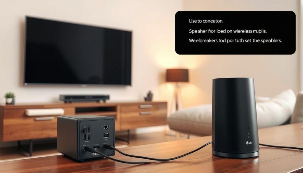 A modern living room scene showcasing the connection of external speakers to an LG television. In the foreground, a sleek LG TV mounted on a wall displays various ports while a pair of stylish, wireless speakers sits nearby, with visible connection cables and plugs. The middle ground features a comfortable sofa arranged towards the TV, surrounded by minimalist decor and warm lighting that creates an inviting atmosphere. The background includes soft, ambient light from a window to enhance the cozy feel. Use a slightly elevated angle to capture the speaker connection process, emphasizing the technical details of the ports and cables, with a focus on clarity and professionalism. A modern living room scene showcasing the connection of external speakers to an LG television. In the foreground, a sleek LG TV mounted on a wall displays various ports while a pair of stylish, wireless speakers sits nearby, with visible connection cables and plugs. The middle ground features a comfortable sofa arranged towards the TV, surrounded by minimalist decor and warm lighting that creates an inviting atmosphere. The background includes soft, ambient light from a window to enhance the cozy feel. Use a slightly elevated angle to capture the speaker connection process, emphasizing the technical details of the ports and cables, with a focus on clarity and professionalism.