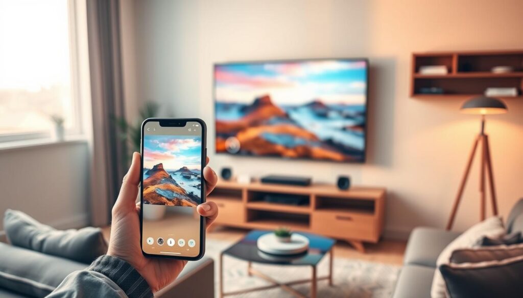 A modern living room scene showcasing wireless image transmission from a smartphone to a large flat-screen television. In the foreground, a sleek smartphone is held by a person dressed in smart casual clothing, demonstrating the screen mirroring feature. The middle area features the vibrant television displaying a colorful landscape image, with visual indicators showing a seamless connection. The background includes contemporary furniture and soft, ambient lighting creating a cozy atmosphere. A warm color palette enhances the inviting mood, while natural light filters through a nearby window, casting gentle shadows. The perspective is slightly angled to emphasize the interaction between the phone and TV, showcasing technology's convenience and innovation. A modern living room scene showcasing wireless image transmission from a smartphone to a large flat-screen television. In the foreground, a sleek smartphone is held by a person dressed in smart casual clothing, demonstrating the screen mirroring feature. The middle area features the vibrant television displaying a colorful landscape image, with visual indicators showing a seamless connection. The background includes contemporary furniture and soft, ambient lighting creating a cozy atmosphere. A warm color palette enhances the inviting mood, while natural light filters through a nearby window, casting gentle shadows. The perspective is slightly angled to emphasize the interaction between the phone and TV, showcasing technology's convenience and innovation.