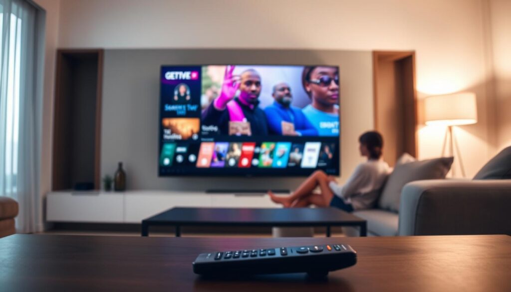 A modern living room setting featuring a sleek LG TV prominently displaying vibrant streaming content. In the foreground, a remote control lies on a stylish coffee table, hinting at user interaction. The middle layer includes a comfortable sofa with a couple of people seated casually, dressed in modest casual clothing, intently focused on the television. The background showcases soft, ambient lighting coming from a nearby window, creating a warm, inviting atmosphere. The image conveys a mood of relaxation and entertainment, emphasizing modern home technology and the enjoyment of streaming applications without distracting subtitles. A modern living room setting featuring a sleek LG TV prominently displaying vibrant streaming content. In the foreground, a remote control lies on a stylish coffee table, hinting at user interaction. The middle layer includes a comfortable sofa with a couple of people seated casually, dressed in modest casual clothing, intently focused on the television. The background showcases soft, ambient lighting coming from a nearby window, creating a warm, inviting atmosphere. The image conveys a mood of relaxation and entertainment, emphasizing modern home technology and the enjoyment of streaming applications without distracting subtitles.