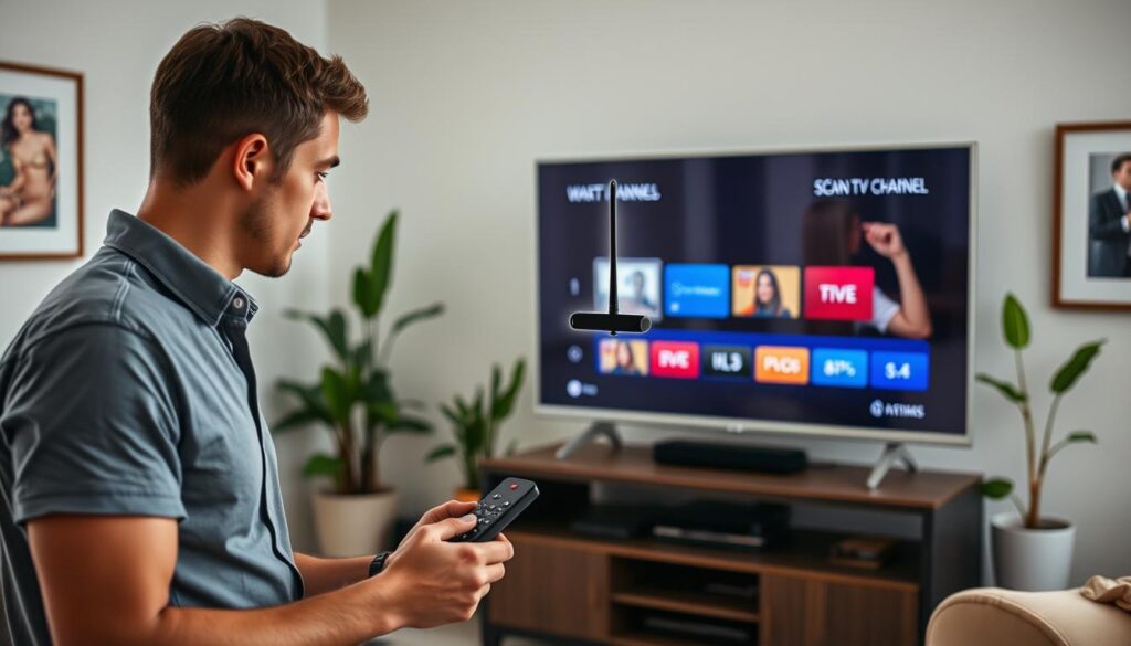 A modern living room setting featuring a sleek flat-screen TV displaying a digital interface for scanning TV channels. In the foreground, an individual, dressed in casual yet tidy clothing, is focused on using a remote control. The person appears engrossed in the process, with a look of concentration. In the middle, a stylish indoor antenna is strategically placed near the window, the sunlight softly illuminating it, enhancing its sleek design. The background showcases a cozy, well-decorated space with potted plants and framed artwork, giving a warm and inviting atmosphere. The overall lighting is soft and natural, creating a relaxed mood that emphasizes the simplicity of setting up a home entertainment system.