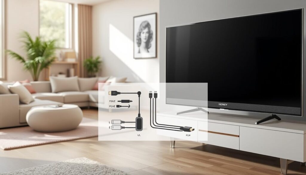 A modern living room setting showcasing a detailed step-by-step diagram for connecting a television. In the foreground, a large, sleek flat-screen TV sits on a minimalist stand, with various input ports labeled clearly. In the middle, a user-friendly instruction layout illustrates connecting cables, including HDMI and power cords, displayed in an organized manner. The background features soft natural lighting coming from a window, creating a warm and inviting atmosphere. Furniture like a comfortable sofa and decorative items subtly adds to the homey feel. Capture the scene from a slightly elevated angle to provide a comprehensive view, emphasizing clarity and ease of understanding. No text or branding elements are present, focusing solely on the connection instructions. A modern living room setting showcasing a detailed step-by-step diagram for connecting a television. In the foreground, a large, sleek flat-screen TV sits on a minimalist stand, with various input ports labeled clearly. In the middle, a user-friendly instruction layout illustrates connecting cables, including HDMI and power cords, displayed in an organized manner. The background features soft natural lighting coming from a window, creating a warm and inviting atmosphere. Furniture like a comfortable sofa and decorative items subtly adds to the homey feel. Capture the scene from a slightly elevated angle to provide a comprehensive view, emphasizing clarity and ease of understanding. No text or branding elements are present, focusing solely on the connection instructions.