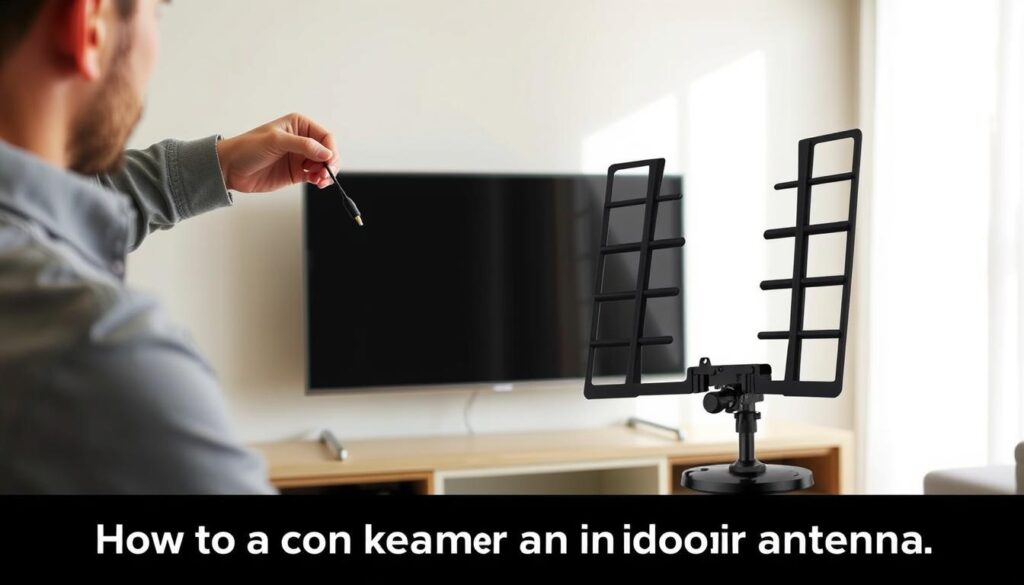 A modern living room setting showcasing a step-by-step guide to connecting an indoor antenna to a television. In the foreground, a person wearing casual, professional attire is attentively connecting the antenna's cable to the TV's coaxial input. The middle layer features a sleek flat-screen television displaying static, with an indoor antenna crafted from black plastic and metal positioned prominently nearby. The background includes a light-colored wall with a window letting in soft, natural sunlight, creating a warm and inviting atmosphere. The scene captures an informative and practical mood, with emphasis on clear visibility of the connection process, using a standard lens and a slight angle to highlight both the antenna and the television.