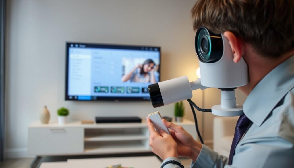 A modern living room setup featuring a high-definition television and an IP camera being connected. In the foreground, a person in smart casual attire is focused on connecting the camera to the TV using an HDMI cable, showcasing a clear view of the device's ports. The middle ground includes the television displaying a user-friendly interface with settings for camera connection. The background features soft ambient lighting, with a cozy couch and decorative elements, creating a welcoming atmosphere. The scene is well-lit to ensure clarity of the devices, captured from a slightly elevated angle to emphasize the connection process. No text or logos present, ensuring a clean and professional appearance. A modern living room setup featuring a high-definition television and an IP camera being connected. In the foreground, a person in smart casual attire is focused on connecting the camera to the TV using an HDMI cable, showcasing a clear view of the device's ports. The middle ground includes the television displaying a user-friendly interface with settings for camera connection. The background features soft ambient lighting, with a cozy couch and decorative elements, creating a welcoming atmosphere. The scene is well-lit to ensure clarity of the devices, captured from a slightly elevated angle to emphasize the connection process. No text or logos present, ensuring a clean and professional appearance.