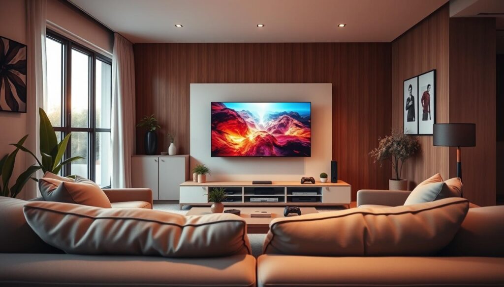 A modern living room showcasing a sleek 43-inch television on a stylish media console. In the foreground, a well-furnished space with a cozy sofa, decorative plants, and soft cushions, creating a homey atmosphere. The middle section features the television displaying vibrant images, symbolizing high resolution, surrounded by various tech gadgets like a remote control and gaming console. In the background, a large window with natural light streaming in, illuminating the room and enhancing the visual appeal. The scene is designed with a warm color palette, evoking comfort and sophistication. Capture this ambiance with soft, diffused lighting to convey a relaxing mood, using a wide-angle lens to emphasize the inviting setting. A modern living room showcasing a sleek 43-inch television on a stylish media console. In the foreground, a well-furnished space with a cozy sofa, decorative plants, and soft cushions, creating a homey atmosphere. The middle section features the television displaying vibrant images, symbolizing high resolution, surrounded by various tech gadgets like a remote control and gaming console. In the background, a large window with natural light streaming in, illuminating the room and enhancing the visual appeal. The scene is designed with a warm color palette, evoking comfort and sophistication. Capture this ambiance with soft, diffused lighting to convey a relaxing mood, using a wide-angle lens to emphasize the inviting setting.