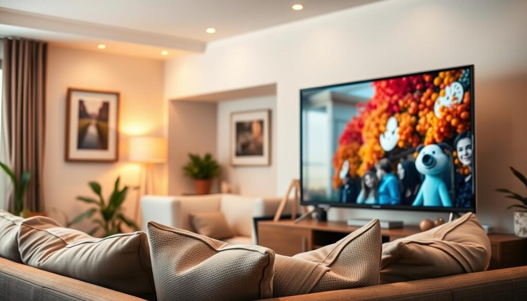 A modern living room showcasing a sleek 43-inch television prominently displayed on a stylish media console. In the foreground, the television screen exhibits vibrant visuals of nature or a cinematic scene, highlighting its clarity and detail. The middle ground features a cozy sofa with soft throw pillows, inviting viewers to imagine relaxation and entertainment. In the background, a welcoming ambiance is complemented by warm lighting, perhaps from a lamp or overhead fixtures, creating a comfortable atmosphere. The room is decorated with tasteful artwork and plants, enhancing the modern design. The scene is captured from a slightly elevated angle, emphasizing the stylish décor and the allure of the television as an essential entertainment centerpiece. A modern living room showcasing a sleek 43-inch television prominently displayed on a stylish media console. In the foreground, the television screen exhibits vibrant visuals of nature or a cinematic scene, highlighting its clarity and detail. The middle ground features a cozy sofa with soft throw pillows, inviting viewers to imagine relaxation and entertainment. In the background, a welcoming ambiance is complemented by warm lighting, perhaps from a lamp or overhead fixtures, creating a comfortable atmosphere. The room is decorated with tasteful artwork and plants, enhancing the modern design. The scene is captured from a slightly elevated angle, emphasizing the stylish décor and the allure of the television as an essential entertainment centerpiece.