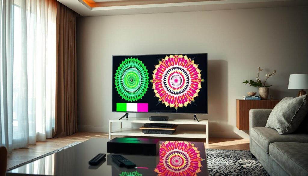 A modern living room showcasing a sleek LG television displaying vibrant test channels of DVB-T2 clarity. In the foreground, there is a stylish coffee table with a few remote controls and a set-top box. The middle ground features the LG TV on a minimalist stand, its screen showcasing vivid test patterns with bright colors and intricate designs, clearly indicating different resolutions and aspects of the DVB-T2 service. In the background, soft afternoon sunlight filters through sheer curtains, creating a warm and inviting atmosphere. The walls are decorated tastefully, with a focus on a contemporary aesthetic. The image highlights a sense of technology and modern living, inviting viewers to explore the advanced features of the television. A modern living room showcasing a sleek LG television displaying vibrant test channels of DVB-T2 clarity. In the foreground, there is a stylish coffee table with a few remote controls and a set-top box. The middle ground features the LG TV on a minimalist stand, its screen showcasing vivid test patterns with bright colors and intricate designs, clearly indicating different resolutions and aspects of the DVB-T2 service. In the background, soft afternoon sunlight filters through sheer curtains, creating a warm and inviting atmosphere. The walls are decorated tastefully, with a focus on a contemporary aesthetic. The image highlights a sense of technology and modern living, inviting viewers to explore the advanced features of the television.