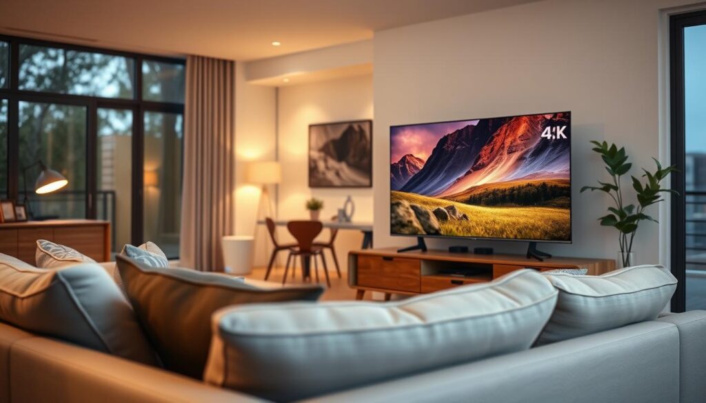 A modern living room showcasing a sleek Samsung 4K TV, prominently displayed on a stylish wooden stand. In the foreground, there is a cozy couch with decorative cushions, inviting a sense of comfort. The middle ground features a well-lit room with soft ambient lighting, accentuating the vibrant colors on the TV screen that shows stunning 4K imagery, possibly a nature scene or a thrilling movie. In the background, large windows allow natural light to flood in, casting gentle shadows and enhancing the inviting atmosphere. The overall mood should be warm and engaging, illustrating a perfect space for entertainment and relaxation. Use a slightly elevated angle to capture the elegant arrangement of the room. A modern living room showcasing a sleek Samsung 4K TV, prominently displayed on a stylish wooden stand. In the foreground, there is a cozy couch with decorative cushions, inviting a sense of comfort. The middle ground features a well-lit room with soft ambient lighting, accentuating the vibrant colors on the TV screen that shows stunning 4K imagery, possibly a nature scene or a thrilling movie. In the background, large windows allow natural light to flood in, casting gentle shadows and enhancing the inviting atmosphere. The overall mood should be warm and engaging, illustrating a perfect space for entertainment and relaxation. Use a slightly elevated angle to capture the elegant arrangement of the room.