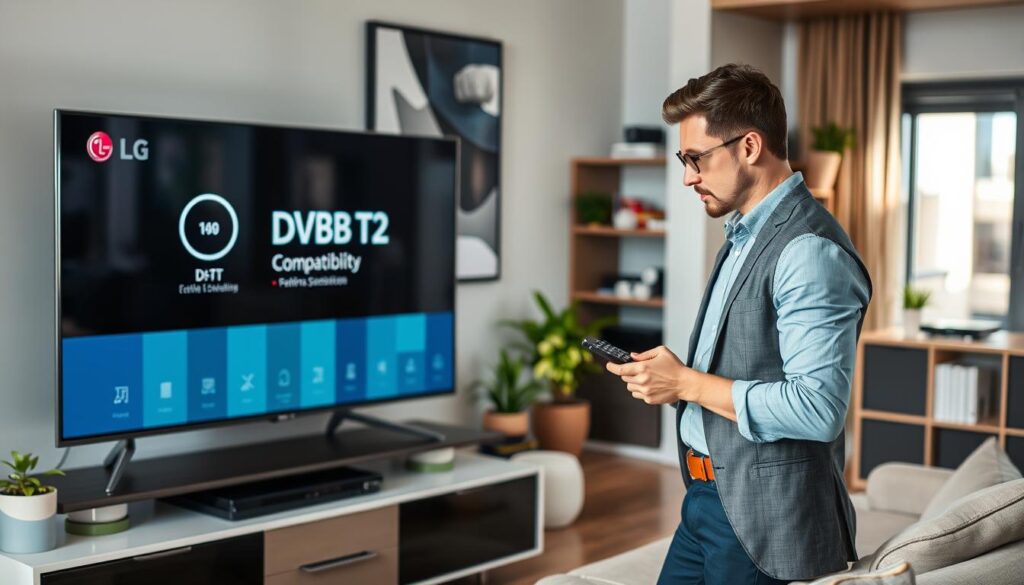 A modern living room showcasing a sleek, contemporary LG television displaying a digital interface indicating DVB-T2 compatibility, positioned prominently on a stylish media console. In the foreground, a knowledgeable tech-savvy individual in smart casual attire examines the TV’s features closely, holding a remote control. The middle ground includes decorative elements like houseplants and abstract art to create a warm, inviting atmosphere. In the background, softly blurred shelves with tech gadgets and books add depth to the scene. Natural light filters through a window, casting gentle shadows that enhance the textures in the room. The mood is informative yet relaxed, highlighting the importance of checking DVB-T2 compatibility in a visually engaging manner. A modern living room showcasing a sleek, contemporary LG television displaying a digital interface indicating DVB-T2 compatibility, positioned prominently on a stylish media console. In the foreground, a knowledgeable tech-savvy individual in smart casual attire examines the TV’s features closely, holding a remote control. The middle ground includes decorative elements like houseplants and abstract art to create a warm, inviting atmosphere. In the background, softly blurred shelves with tech gadgets and books add depth to the scene. Natural light filters through a window, casting gentle shadows that enhance the textures in the room. The mood is informative yet relaxed, highlighting the importance of checking DVB-T2 compatibility in a visually engaging manner.