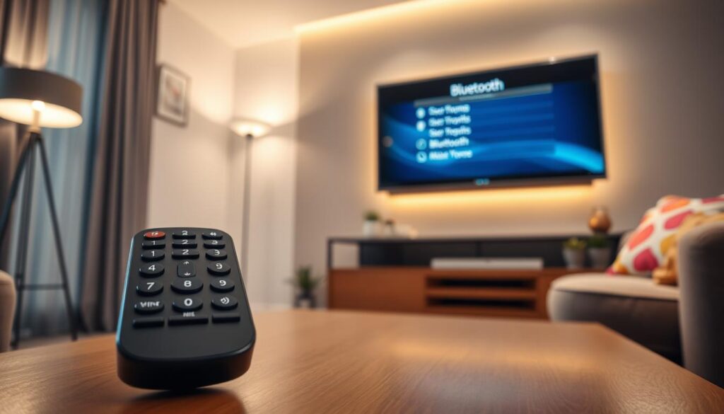 A modern living room with a sleek, flat-screen television prominently displayed on a stylish media console. The television screen shows a user-friendly interface indicating the Bluetooth settings. In the foreground, a remote control with highlighted buttons is placed on a nearby coffee table. The lighting is warm and inviting, with soft ambient light coming from a floor lamp. In the background, a cozy sofa with colorful cushions adds a homely feel to the space. The angle is slightly tilted downward, capturing both the television and the coffee table, evoking a sense of ease and functionality as if demonstrating how to activate Bluetooth. A modern living room with a sleek, flat-screen television prominently displayed on a stylish media console. The television screen shows a user-friendly interface indicating the Bluetooth settings. In the foreground, a remote control with highlighted buttons is placed on a nearby coffee table. The lighting is warm and inviting, with soft ambient light coming from a floor lamp. In the background, a cozy sofa with colorful cushions adds a homely feel to the space. The angle is slightly tilted downward, capturing both the television and the coffee table, evoking a sense of ease and functionality as if demonstrating how to activate Bluetooth.