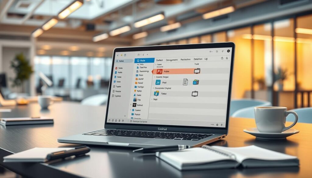 A modern office workspace scene, showcasing essential methods for deleting files on a computer. In the foreground, a sleek laptop with an open file management window displaying various file types (documents, images) being highlighted for deletion. The middle ground features an elegant desk with a notepad, pen, and a coffee cup, symbolizing productivity. In the background, a soft-focus view of a modular office with clean lines and bright ambient lighting, suggesting a professional atmosphere. The lighting is warm and inviting, coming from a window with natural sunlight streaming in, creating a motivating and focused mood. Ensure the overall composition is balanced and visually engaging, conveying the theme of file management and deletion effectively.