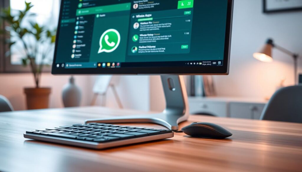 A modern, sleek Windows computer desktop featuring the WhatsApp application open on the screen. In the foreground, a close-up of the computer monitor displays the familiar WhatsApp interface with chat windows and icons clearly visible. The middle ground features a stylish keyboard and mouse, set on a contemporary wooden desk with a subtle sheen. In the background, a softly blurred home office setting with minimalistic decor, a soft-focus indoor plant, and warm ambient lighting creates a cozy atmosphere. The lighting is soft and inviting, emulating late afternoon sunlight filtering through a window. The overall mood conveys productivity and connectivity, illustrating the ease of using WhatsApp on a Windows computer.