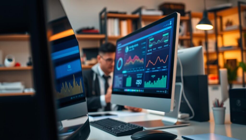 A modern, sleek computer setup in a well-organized workspace, portraying the theme of computer optimization. In the foreground, feature a detailed close-up of a desktop computer with a clear, vibrant screen displaying performance metrics and graphs. Meanwhile, in the middle ground, incorporate a skilled professional, dressed in smart casual attire, intently analyzing data on the computer. The background features shelves filled with tech gadgets and books, softly blurred to emphasize the focus on the computer. The scene is illuminated by warm, inviting lighting to create a productive atmosphere, with a slight tilt-angle for a dynamic perspective. Aim for a clean, minimalist aesthetic, balancing professionalism and tech-savviness. A modern, sleek computer setup in a well-organized workspace, portraying the theme of computer optimization. In the foreground, feature a detailed close-up of a desktop computer with a clear, vibrant screen displaying performance metrics and graphs. Meanwhile, in the middle ground, incorporate a skilled professional, dressed in smart casual attire, intently analyzing data on the computer. The background features shelves filled with tech gadgets and books, softly blurred to emphasize the focus on the computer. The scene is illuminated by warm, inviting lighting to create a productive atmosphere, with a slight tilt-angle for a dynamic perspective. Aim for a clean, minimalist aesthetic, balancing professionalism and tech-savviness.