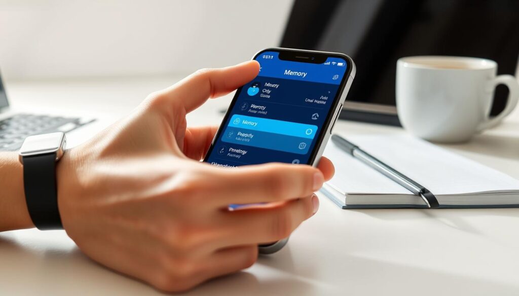 A modern smartphone, specifically an iPhone, set against a minimalist desk environment. In the foreground, a close-up of an open digital storage management interface displayed on the iPhone’s screen, showcasing visual indicators of memory usage. The middle layer features a hand gently interacting with the screen, wearing a smart watch, symbolizing modern technology. The background includes soft-focus elements like a laptop, notebook, and a cup of coffee, representing a working environment. The lighting is bright and contemporary, with an emphasis on clarity and professionalism, casting soft shadows. The overall mood is practical, informative, and tech-savvy, illustrating the theme of memory management effectively without distractions. A modern smartphone, specifically an iPhone, set against a minimalist desk environment. In the foreground, a close-up of an open digital storage management interface displayed on the iPhone’s screen, showcasing visual indicators of memory usage. The middle layer features a hand gently interacting with the screen, wearing a smart watch, symbolizing modern technology. The background includes soft-focus elements like a laptop, notebook, and a cup of coffee, representing a working environment. The lighting is bright and contemporary, with an emphasis on clarity and professionalism, casting soft shadows. The overall mood is practical, informative, and tech-savvy, illustrating the theme of memory management effectively without distractions.