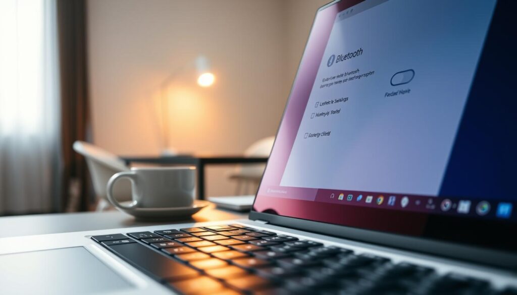 A modern workspace featuring a close-up view of a laptop screen displaying the "Bluetooth" settings in Windows 11. In the foreground, the laptop keyboard can be seen with stylish keys, while the screen prominently shows the toggle switch for enabling Bluetooth, highlighted for emphasis. In the middle ground, a soft glow emanates from the screen, casting gentle light on the laptop and surrounding area. The background includes a minimalistic desk setup with a stylish cup of coffee and a notepad, enhancing the professional ambiance. Bright, natural lighting fills the room, creating a warm and inviting atmosphere. The overall mood conveys a sense of productivity and modern technology, perfect for a tech-focused article.