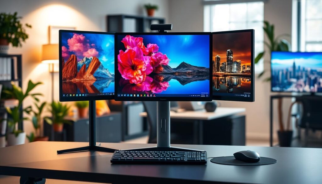A modern workspace featuring a multi-monitor setup displaying vibrant wallpaper settings across each screen. In the foreground, three monitors are arranged on a sleek desk, each showcasing different, colorful wallpapers of nature scenes, abstract art, and cityscapes. The desk is well-organized with a stylish keyboard and mouse. Soft, diffuse lighting illuminates the scene, casting a warm glow and creating a professional atmosphere. In the background, a cozy office environment with plants and bookshelves, subtly blurred to emphasize the monitors. The image reflects a tech-savvy and inviting mood, ideal for illustrating a section about wallpaper settings for multiple monitors in a Windows environment.