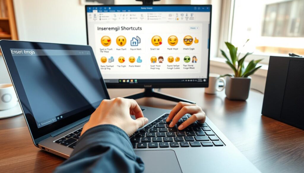 A modern workspace featuring a sleek computer desk with a high-end laptop open, showing an interface for inserting emojis in various applications. In the foreground, a pair of hands, dressed in smart casual attire, are positioned above the keyboard, typing iconic emoji shortcuts. The middle ground includes a large screen displaying visual guides for emoji insertion in popular software like Microsoft Word, Slack, and social media platforms. The background has soft-focus elements like a stylish coffee mug and a potted plant, enhancing the workspace ambiance. The lighting is bright and natural, coming from a nearby window, creating a professional yet inviting atmosphere. Capture this scene from a slightly elevated angle for added depth. A modern workspace featuring a sleek computer desk with a high-end laptop open, showing an interface for inserting emojis in various applications. In the foreground, a pair of hands, dressed in smart casual attire, are positioned above the keyboard, typing iconic emoji shortcuts. The middle ground includes a large screen displaying visual guides for emoji insertion in popular software like Microsoft Word, Slack, and social media platforms. The background has soft-focus elements like a stylish coffee mug and a potted plant, enhancing the workspace ambiance. The lighting is bright and natural, coming from a nearby window, creating a professional yet inviting atmosphere. Capture this scene from a slightly elevated angle for added depth.