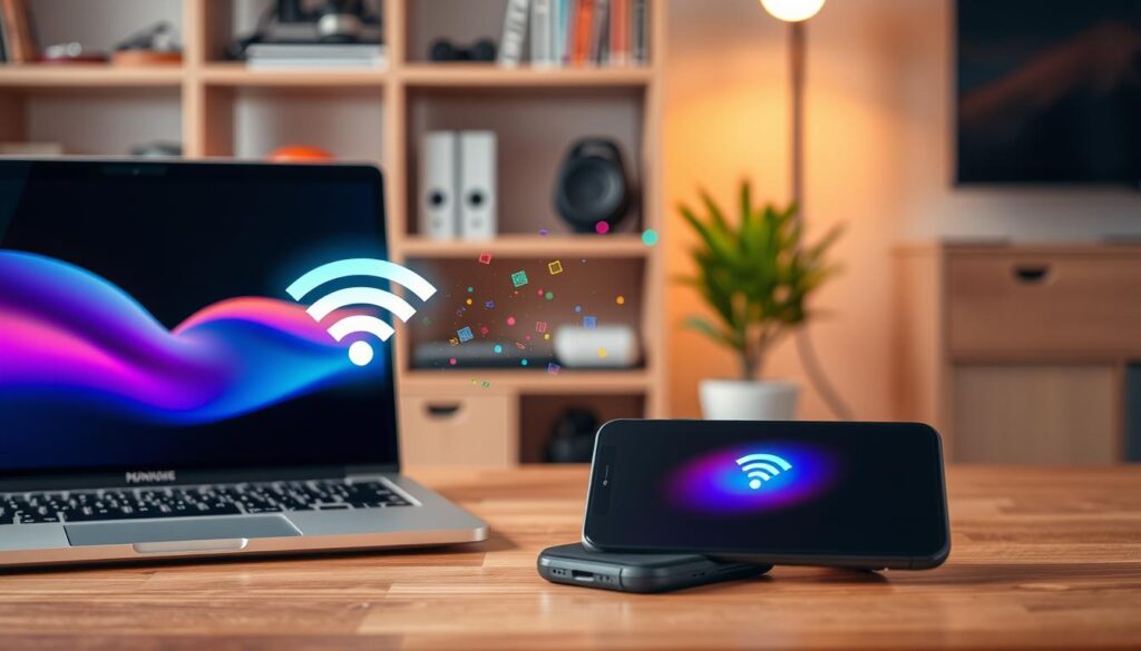 A modern workspace featuring a sleek laptop and a smartphone side by side on a wooden desk. In the foreground, the smartphone displays a vibrant interface illustrating wireless file transfer. A glowing Wi-Fi symbol hovers between the devices, symbolizing the wireless connection. In the middle, a cozy ambient light softly illuminates the scene, creating a warm atmosphere, while colorful data streams or icons flow seamlessly through the air between the devices. The background showcases a blurred bookshelf with tech gadgets and a potted plant, adding a touch of creativity. The overall mood is innovative and focused, reflecting the ease of wireless technology for transferring films from a smartphone to a computer. High-quality lighting, natural colors, and a balanced composition enhance the visual appeal.