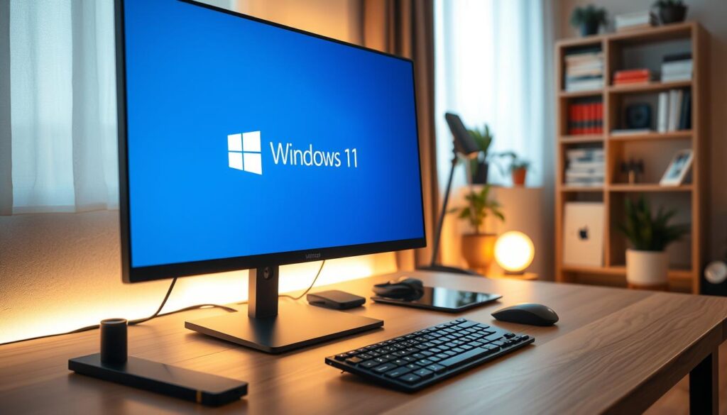 A modern workspace featuring a sleek, new computer setup with Windows 11 installation in progress on the screen. In the foreground, a close-up view of the computer monitor shows the Windows 11 logo and a loading bar. The middle ground includes a well-organized desk with a stylish keyboard, mouse, and a few tech gadgets like a tablet and smartphone. The background features a softly lit room with a cozy ambiance, showcasing a bookshelf with tech manuals and a potted plant. The lighting is warm and inviting, suggesting productivity and focus. The overall atmosphere conveys a sense of anticipation and excitement for the new installation, designed to engage viewers in the technology world. A modern workspace featuring a sleek, new computer setup with Windows 11 installation in progress on the screen. In the foreground, a close-up view of the computer monitor shows the Windows 11 logo and a loading bar. The middle ground includes a well-organized desk with a stylish keyboard, mouse, and a few tech gadgets like a tablet and smartphone. The background features a softly lit room with a cozy ambiance, showcasing a bookshelf with tech manuals and a potted plant. The lighting is warm and inviting, suggesting productivity and focus. The overall atmosphere conveys a sense of anticipation and excitement for the new installation, designed to engage viewers in the technology world.