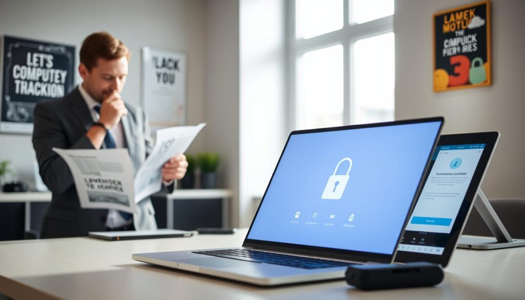 A modern workspace scene showcasing alternative methods for unlocking a computer. In the foreground, a sleek laptop is open, displaying a digital lock interface with various icons representing alternative unlocking methods, such as biometric scans and password reset prompts. To the left, a professional individual in business attire is thoughtfully examining a printed guide about computer unlocking techniques, while to the right, a digital tablet shows a troubleshooting app. The background features a well-lit office environment with motivational posters and tech gadgets neatly arranged. Soft, natural lighting filters through a large window, creating a calm and focused atmosphere, emphasizing the innovative solutions to computer lockout challenges.