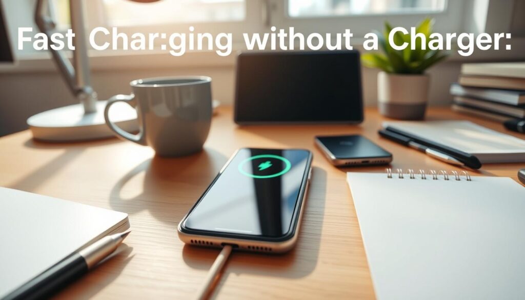 A modern workspace setting featuring a sleek iPhone placed on a wooden desk, surrounded by everyday objects like a coffee mug and a notepad. The phone displays a charging icon, emphasizing the concept of "fast charging without a charger." In the background, there's a soft-focus view of a window with sunlight streaming in, creating a warm and inviting atmosphere. The lighting is bright and natural, enhancing the colors of the desk and the phone. The angle is slightly overhead, giving a comprehensive view of the scene while maintaining a sense of intimacy. The overall mood is calm and productive, reflecting the theme of alternative charging methods. A modern workspace setting featuring a sleek iPhone placed on a wooden desk, surrounded by everyday objects like a coffee mug and a notepad. The phone displays a charging icon, emphasizing the concept of "fast charging without a charger." In the background, there's a soft-focus view of a window with sunlight streaming in, creating a warm and inviting atmosphere. The lighting is bright and natural, enhancing the colors of the desk and the phone. The angle is slightly overhead, giving a comprehensive view of the scene while maintaining a sense of intimacy. The overall mood is calm and productive, reflecting the theme of alternative charging methods.