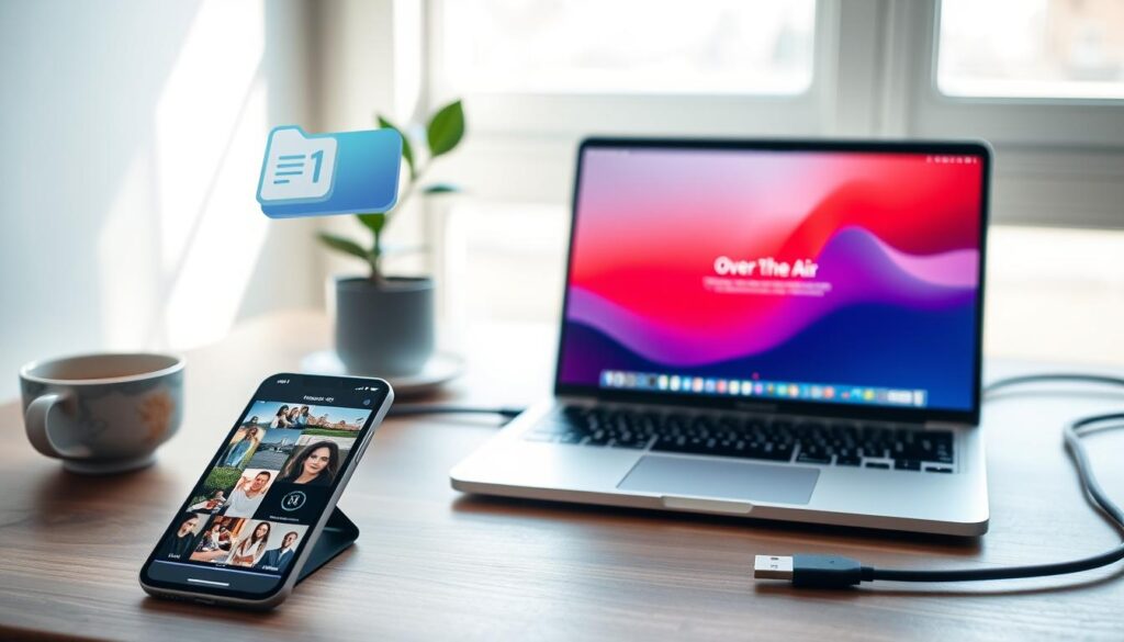 A modern workspace showcasing alternative methods for transferring photos from an iPhone to a laptop, featuring a sleek laptop on a wooden desk. In the foreground, an iPhone displays a photo gallery, while an over-the-air transfer icon floats above it. In the middle, the laptop screen shows a vibrant progress bar indicating file transfer. The background includes a minimalist setup with a plant, cup of coffee, and a USB cable neatly placed, emphasizing both wired and wireless transfer methods. Soft, natural lighting filters through a window, casting gentle shadows and creating a calm, productive atmosphere. The scene should evoke a sense of innovation and simplicity in technology. A modern workspace showcasing alternative methods for transferring photos from an iPhone to a laptop, featuring a sleek laptop on a wooden desk. In the foreground, an iPhone displays a photo gallery, while an over-the-air transfer icon floats above it. In the middle, the laptop screen shows a vibrant progress bar indicating file transfer. The background includes a minimalist setup with a plant, cup of coffee, and a USB cable neatly placed, emphasizing both wired and wireless transfer methods. Soft, natural lighting filters through a window, casting gentle shadows and creating a calm, productive atmosphere. The scene should evoke a sense of innovation and simplicity in technology.
