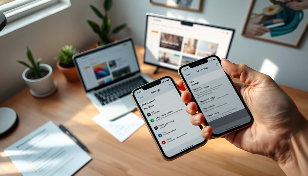 A neatly organized workspace featuring an iPhone displayed on a clean wooden desk, illuminated by soft, natural light from a nearby window. In the foreground, a hand gently holds the iPhone, showcasing the settings screen with an emphasis on storage management options. The middle ground includes a laptop with visible tabs open on tips for freeing up space, alongside a notepad with a checklist of practical storage solutions. In the background, a minimalistic aesthetic with potted plants and a calming wall art creates a tranquil atmosphere. The angle should be slightly overhead, focusing on the phone and laptop, emphasizing a sense of productivity and clarity. The overall mood is informative and professional, inviting the viewer to explore solutions for enhancing memory on their iPhone. A neatly organized workspace featuring an iPhone displayed on a clean wooden desk, illuminated by soft, natural light from a nearby window. In the foreground, a hand gently holds the iPhone, showcasing the settings screen with an emphasis on storage management options. The middle ground includes a laptop with visible tabs open on tips for freeing up space, alongside a notepad with a checklist of practical storage solutions. In the background, a minimalistic aesthetic with potted plants and a calming wall art creates a tranquil atmosphere. The angle should be slightly overhead, focusing on the phone and laptop, emphasizing a sense of productivity and clarity. The overall mood is informative and professional, inviting the viewer to explore solutions for enhancing memory on their iPhone.