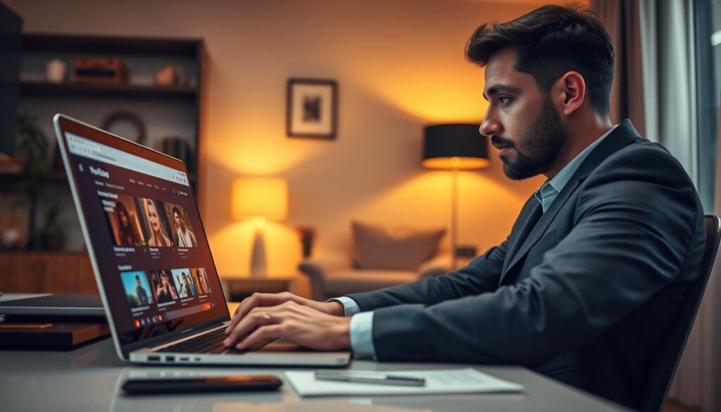 A person in professional attire sitting at a modern desk, focused on their laptop screen as they navigate a user-friendly website designed for downloading music from YouTube. The foreground features the laptop with a vibrant, colorful interface displaying music tracks, while the middle ground showcases the individual’s intent expression. In the background, there's a cozy room with soft lighting and tasteful decor, hinting at a productive atmosphere. The overall mood is informative and engaging, with warm light illuminating the scene, creating a sense of clarity and focus. The angle is slightly tilted to capture both the individual and the laptop in action, emphasizing the theme of digital music acquisition. A person in professional attire sitting at a modern desk, focused on their laptop screen as they navigate a user-friendly website designed for downloading music from YouTube. The foreground features the laptop with a vibrant, colorful interface displaying music tracks, while the middle ground showcases the individual’s intent expression. In the background, there's a cozy room with soft lighting and tasteful decor, hinting at a productive atmosphere. The overall mood is informative and engaging, with warm light illuminating the scene, creating a sense of clarity and focus. The angle is slightly tilted to capture both the individual and the laptop in action, emphasizing the theme of digital music acquisition.