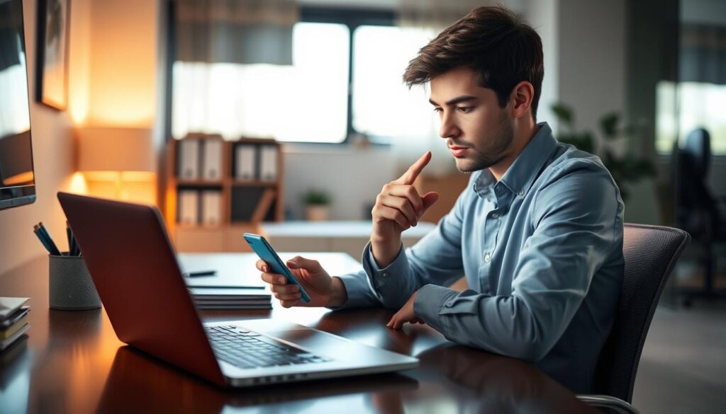 A person sitting at a sleek, modern desk focused on their iPhone, using the Messenger app. The foreground features the individual, a young professional in smart-casual attire, intently swiping their finger across the phone screen. The middle ground includes a laptop with a soft glow, indicating they are searching for deleted messages, surrounded by neatly organized office supplies. The background showcases a softly lit room with a blend of natural light streaming through a window and warm, ambient lighting, creating a calm and productive atmosphere. The depth of field is shallow, keeping the focus on the person and the phone. The overall mood is contemplative and curious, reflecting the intrigue of recovering lost digital communications. A person sitting at a sleek, modern desk focused on their iPhone, using the Messenger app. The foreground features the individual, a young professional in smart-casual attire, intently swiping their finger across the phone screen. The middle ground includes a laptop with a soft glow, indicating they are searching for deleted messages, surrounded by neatly organized office supplies. The background showcases a softly lit room with a blend of natural light streaming through a window and warm, ambient lighting, creating a calm and productive atmosphere. The depth of field is shallow, keeping the focus on the person and the phone. The overall mood is contemplative and curious, reflecting the intrigue of recovering lost digital communications.