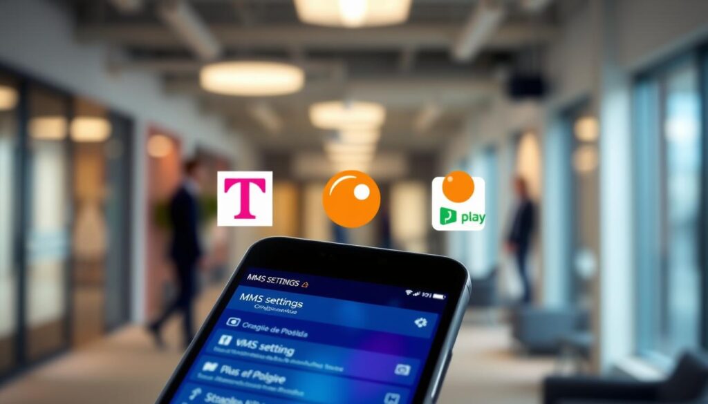 A professional and informative digital illustration depicting the settings for MMS configuration for various mobile operators in Poland. In the foreground, a close-up of a smartphone screen showing a colorful and user-friendly interface with MMS settings options displayed clearly. In the middle ground, visible icons and logos of Polish mobile operators like T-Mobile, Orange, and Play, arranged neatly around the phone. The background features a blurred image of a modern office environment, symbolizing technological communication. The lighting is bright and inviting, suggesting a sense of clarity and ease of use. The overall mood is professional and helpful, designed to assist in understanding mobile settings without any distractions or text overlays. A professional and informative digital illustration depicting the settings for MMS configuration for various mobile operators in Poland. In the foreground, a close-up of a smartphone screen showing a colorful and user-friendly interface with MMS settings options displayed clearly. In the middle ground, visible icons and logos of Polish mobile operators like T-Mobile, Orange, and Play, arranged neatly around the phone. The background features a blurred image of a modern office environment, symbolizing technological communication. The lighting is bright and inviting, suggesting a sense of clarity and ease of use. The overall mood is professional and helpful, designed to assist in understanding mobile settings without any distractions or text overlays.