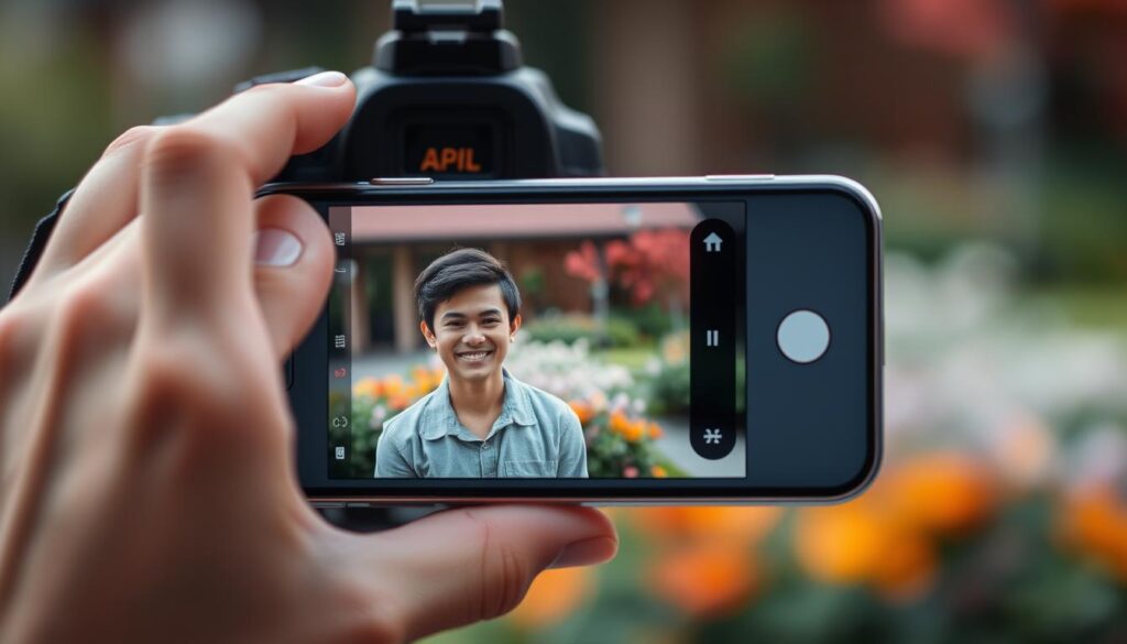A professional photographer demonstrating how to blur the background of a photo taken with an iPhone, featuring a close-up of the device in hand. The foreground shows the iPhone’s screen displaying a portrait shot of a smiling individual in modest casual clothing. Soft, diffused lighting surrounds the subject, creating a warm and inviting atmosphere. In the middle ground, an elegant blur effect is applied to a colorful garden scene, emphasizing the subject, while subtle bokeh dots of light add charm to the background. The overall composition conveys a sense of creativity and skill in mobile photography, highlighting the capabilities of the iPhone's portrait mode function.