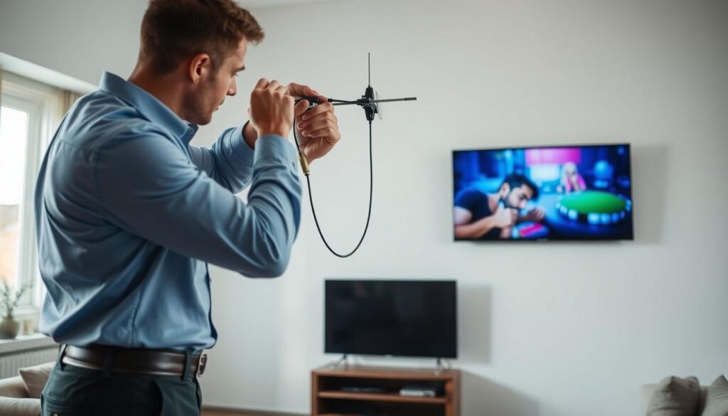 A professional technician installing an antenna for dual TV setups in a modern living room. In the foreground, the technician, wearing a smart shirt and trousers, is focused on connecting the cables. In the middle, there's a newly mounted antenna on the wall, with two coaxial cables leading towards each TV. The TVs display vibrant images, indicating proper signal reception. In the background, the room is well-lit with natural light coming from a window, revealing a cozy atmosphere with minimalistic furniture. The composition captures attention to detail and clarity, showcasing a seamless installation process while maintaining a sense of professionalism and efficiency. A professional technician installing an antenna for dual TV setups in a modern living room. In the foreground, the technician, wearing a smart shirt and trousers, is focused on connecting the cables. In the middle, there's a newly mounted antenna on the wall, with two coaxial cables leading towards each TV. The TVs display vibrant images, indicating proper signal reception. In the background, the room is well-lit with natural light coming from a window, revealing a cozy atmosphere with minimalistic furniture. The composition captures attention to detail and clarity, showcasing a seamless installation process while maintaining a sense of professionalism and efficiency.