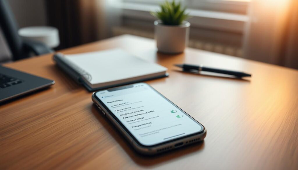 A serene and organized workspace featuring an iPhone on a sleek wooden desk, displaying the iOS privacy settings screen. In the foreground, the iPhone is positioned prominently, with its screen illuminated, showcasing various privacy options such as location services and app permissions. In the middle ground, soft focus on a notepad and a pen, symbolizing the importance of personal privacy management. The background features a blurred window with gentle daylight filtering through, creating a calming atmosphere. The mood should reflect professionalism and clarity, emphasizing the significance of securing one’s digital privacy. The lighting is soft and warm, enhancing the inviting feel of the workspace.