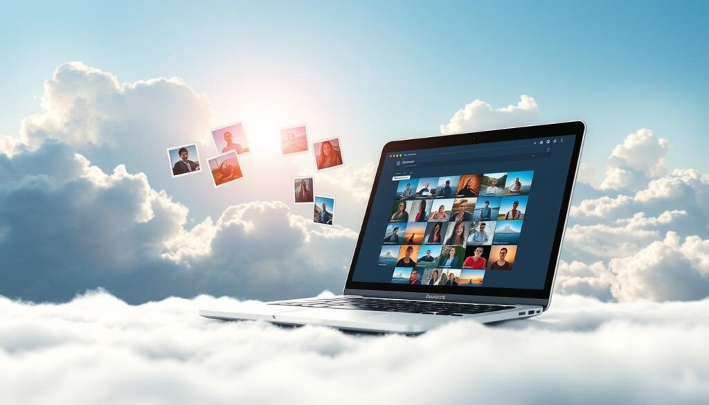 A serene digital landscape showcasing a cloud storage system with various vibrant and organized photo thumbnails floating amongst soft, fluffy clouds. In the foreground, a sleek laptop sits open, displaying a bright, user-friendly interface that mirrors a cloud-based photo management application. The middle ground features clouds gently billowing, creating a sense of depth, while the background fades into a soft blue sky. Gentle sunlight filters through the clouds, casting a warm and inviting glow over the scene. The atmosphere conveys a sense of ease and efficiency, reflecting the modern convenience of transferring photos seamlessly from a phone to a computer via the cloud. A serene digital landscape showcasing a cloud storage system with various vibrant and organized photo thumbnails floating amongst soft, fluffy clouds. In the foreground, a sleek laptop sits open, displaying a bright, user-friendly interface that mirrors a cloud-based photo management application. The middle ground features clouds gently billowing, creating a sense of depth, while the background fades into a soft blue sky. Gentle sunlight filters through the clouds, casting a warm and inviting glow over the scene. The atmosphere conveys a sense of ease and efficiency, reflecting the modern convenience of transferring photos seamlessly from a phone to a computer via the cloud.
